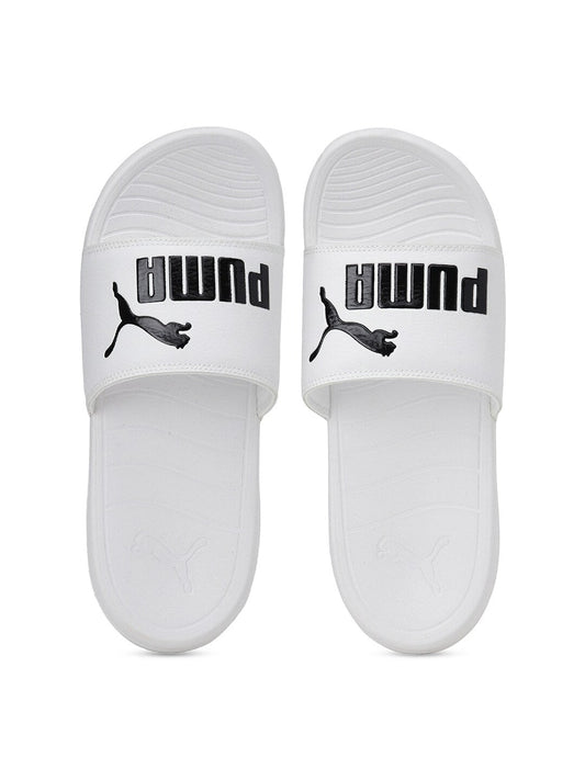 Unisex White Printed Sliders